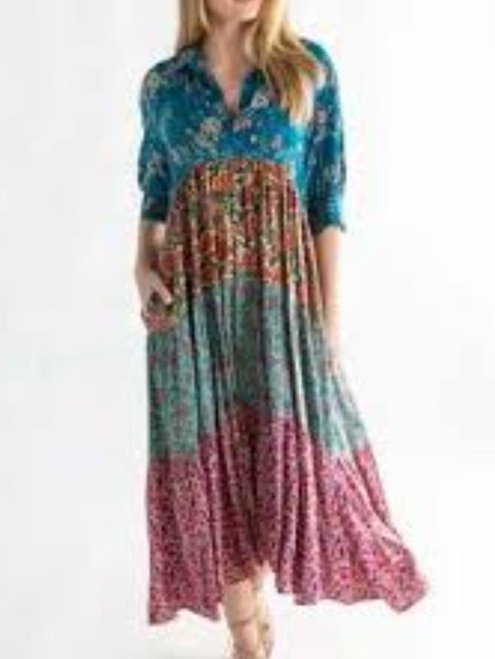 NATURAL LIFE REBECCA MIDI PATCHWORK DRESS. BOHO LARGE. BLUE FLORAL POCKETS